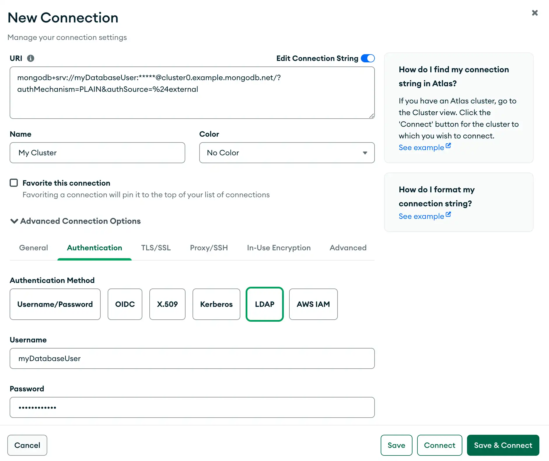 Captura de tela do Compass configurado para autenticar com LDAP