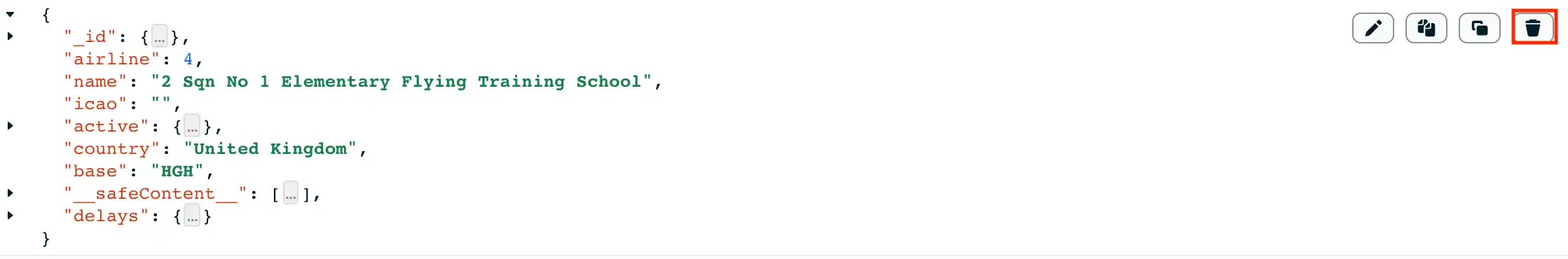 Excluir botão na exibição JSON