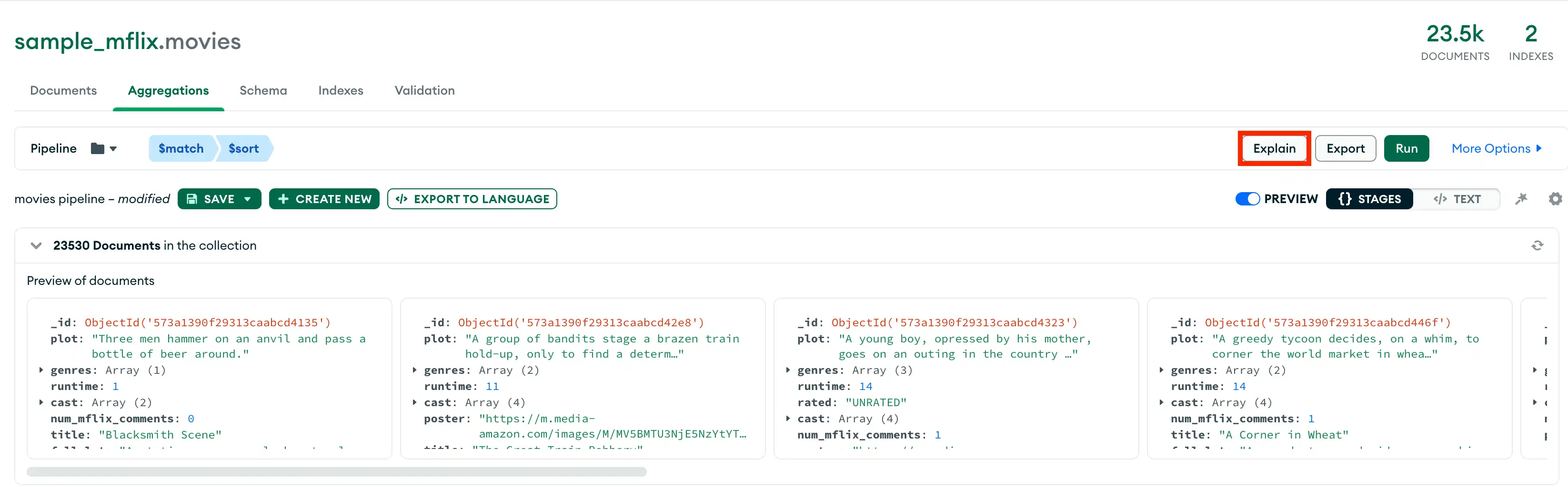 Botão Explicar no pipeline de agregação
