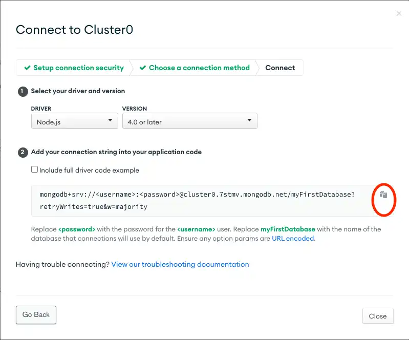 O botão de cópia da connection string na interface de usuário do Atlas