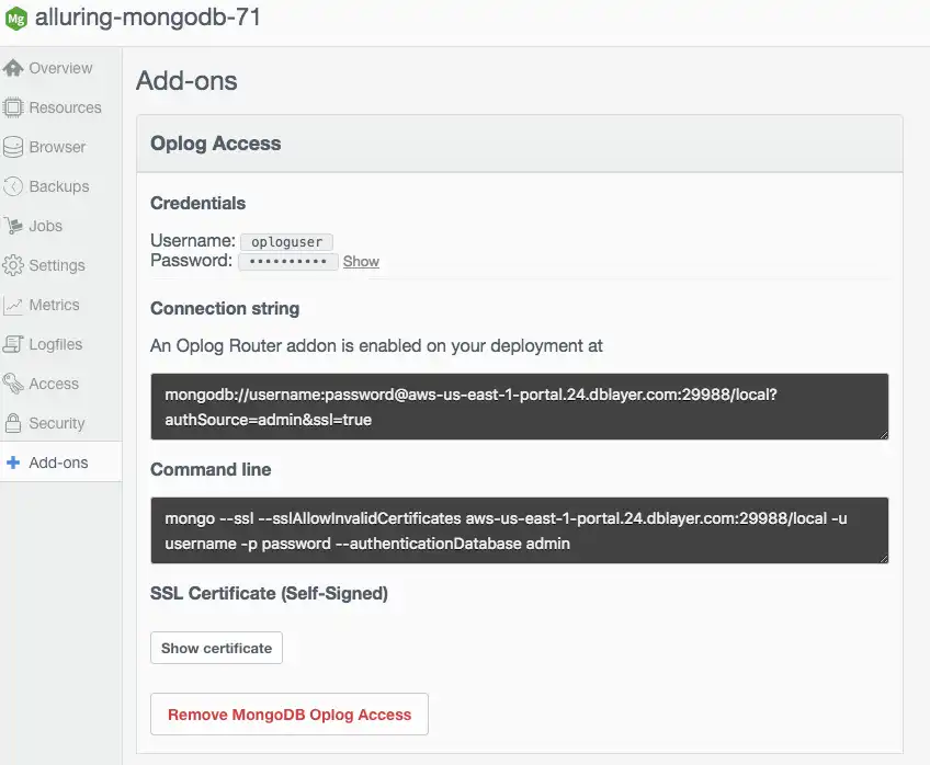 Mostra os campos de nome de usuário e senha do oplog no add-on Oplog Access.