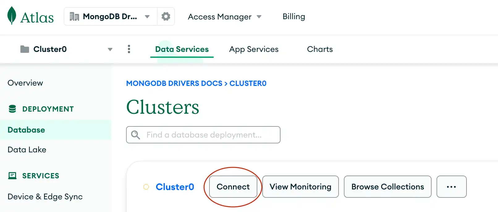 O botão de conexão na seção de clusters da UI do Atlas