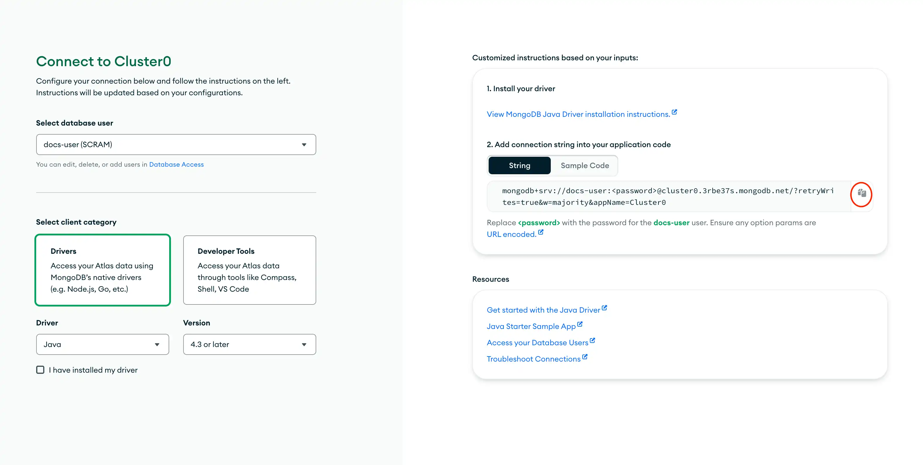 O botão de cópia da connection string na interface de usuário do Atlas