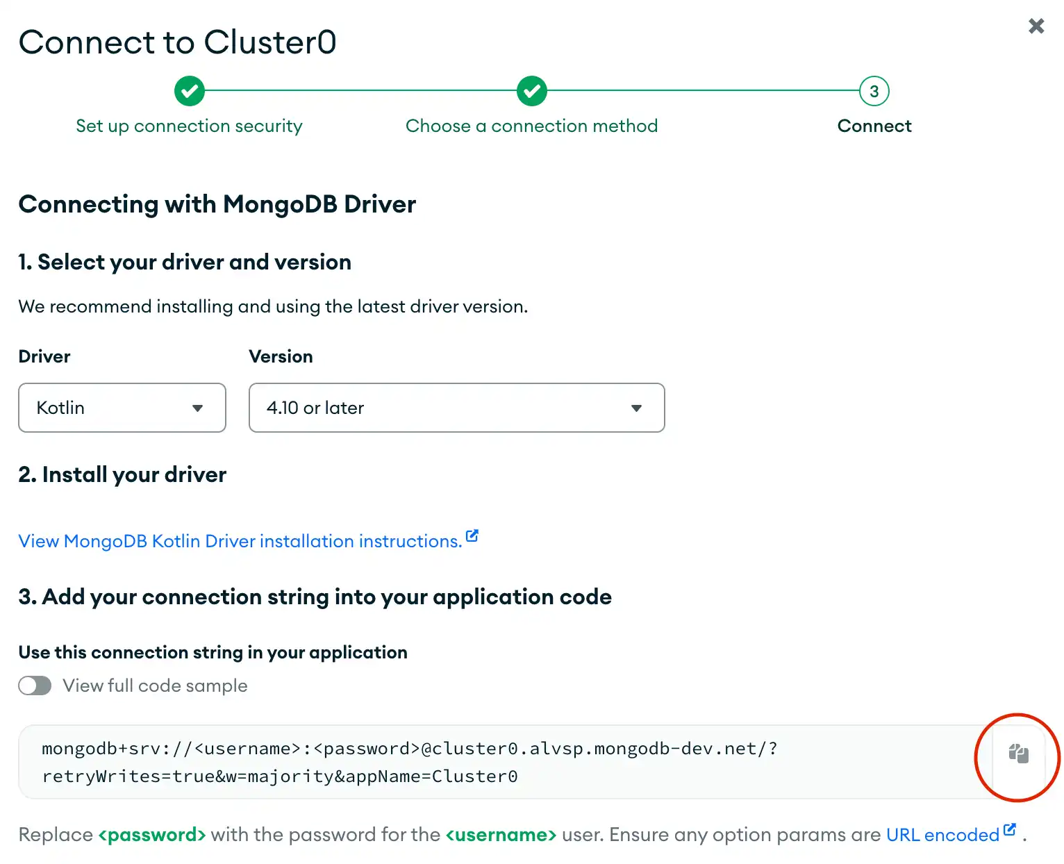 O botão de cópia da connection string na interface de usuário do Atlas