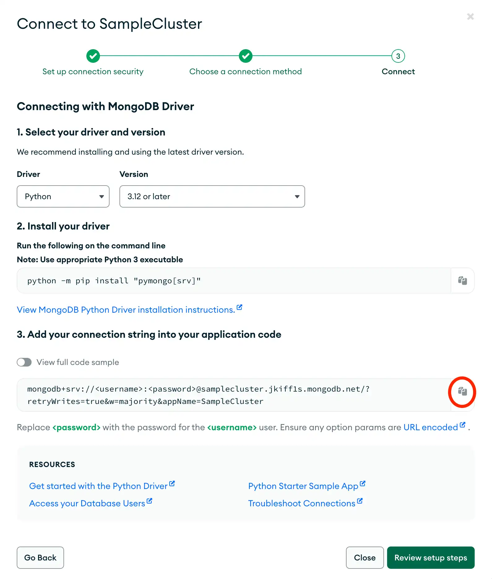 O botão de cópia da connection string na interface de usuário do Atlas