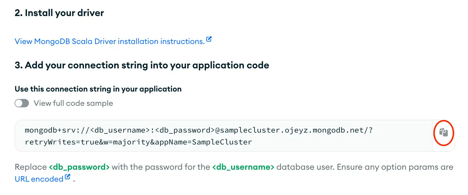 O botão copiar ao lado da string de conexão na UI do Atlas