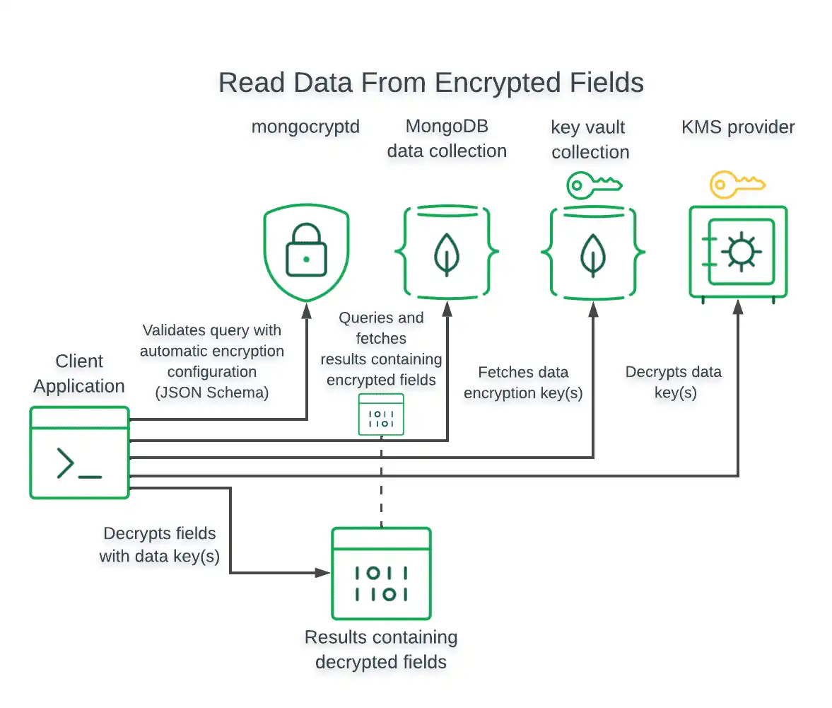 Diagrama que mostra o fluxo de dados para consulta e leitura de dados criptografados em nível de campo