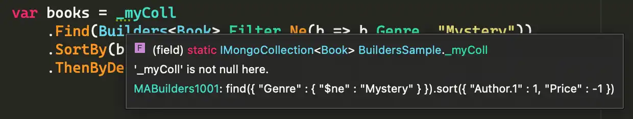 Captura de tela da API fluente com uma mensagem informativa exibida no Visual Studio.