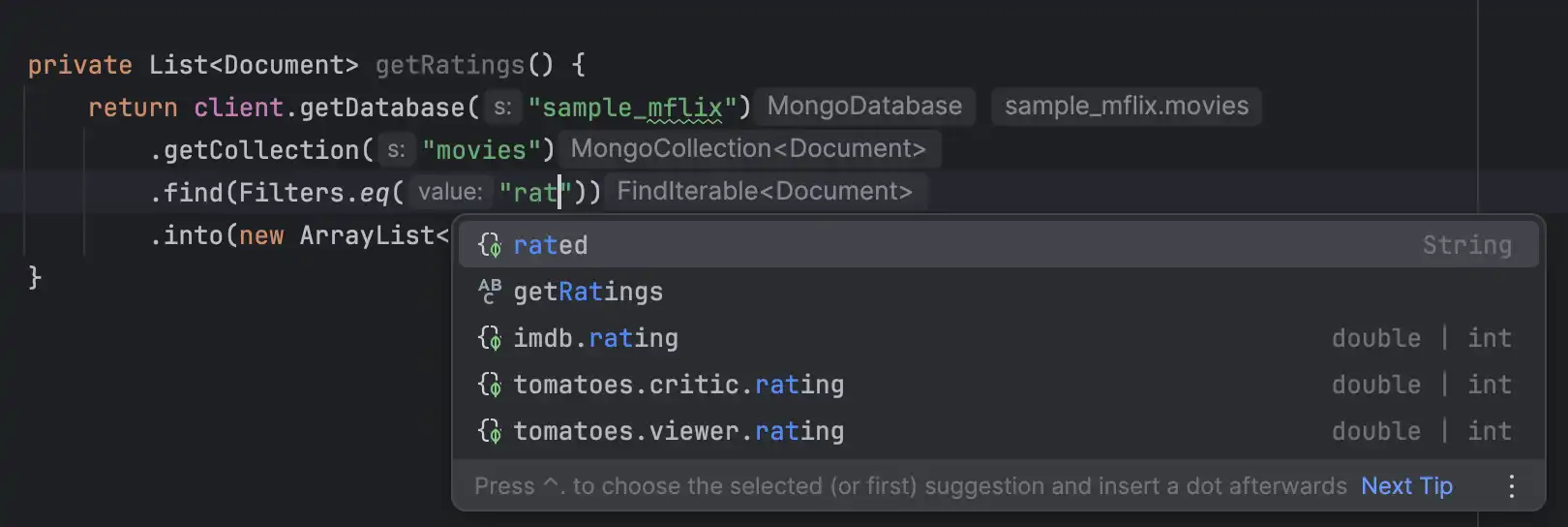 Nomes de campo de documento com preenchimento automático no plug-in IntelliJ.