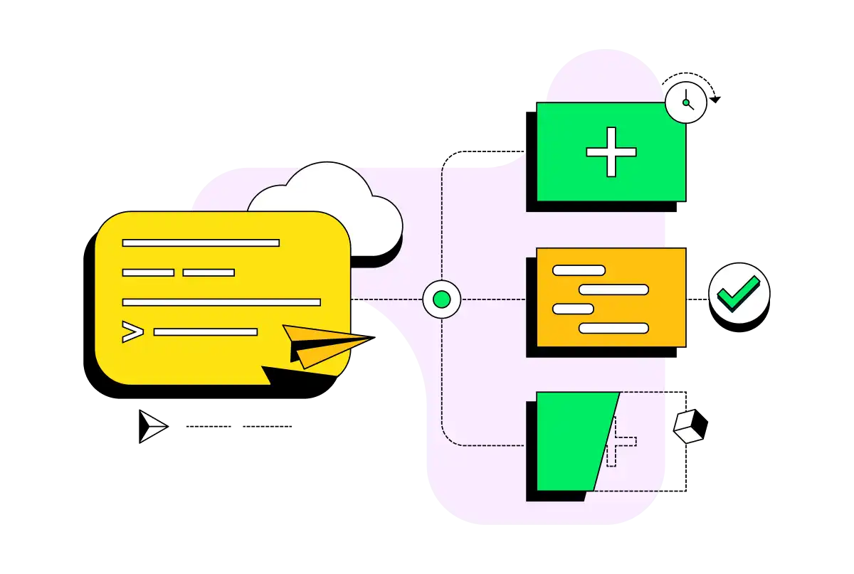 Ilustração abstrata mostrando um terminal interagindo com diferentes sistemas