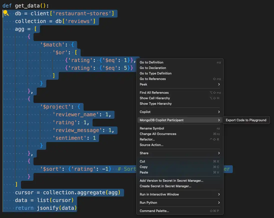 Captura de tela da opção de menu código de exportação para playground.