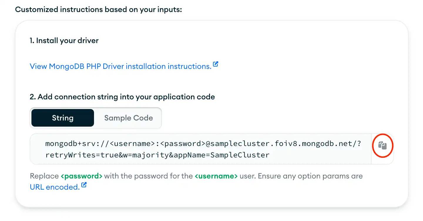 O botão copiar ao lado da string de conexão na UI do Atlas