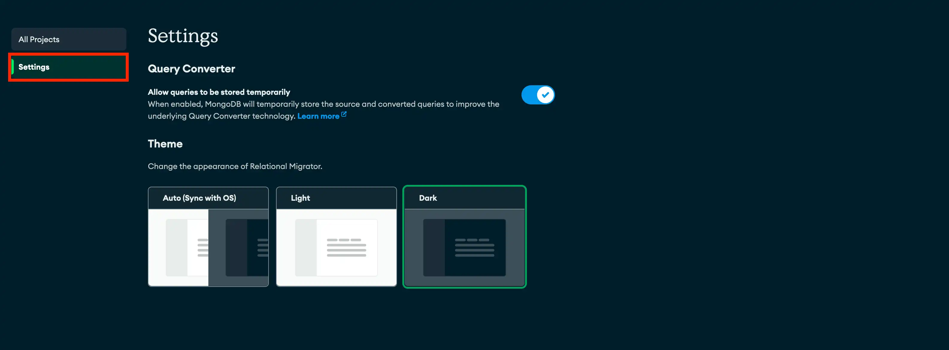 Localização do painel de configurações para Relational Migrator