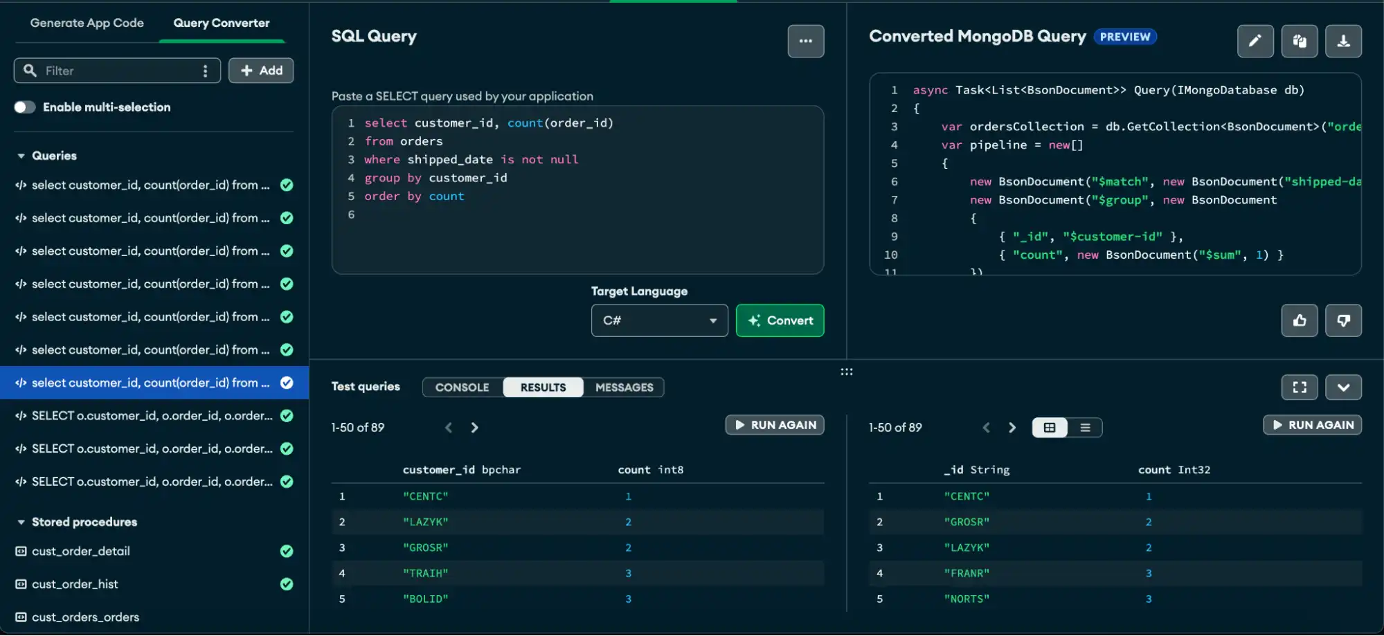 Uma query convertida de SQL para MQL