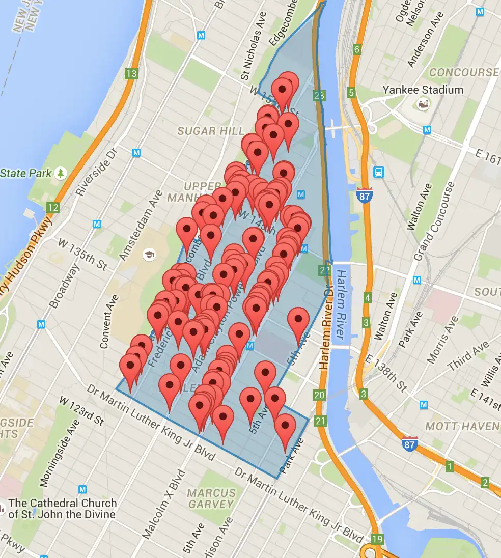 Mapa de todos os restaurantes em um polígono geospacial.