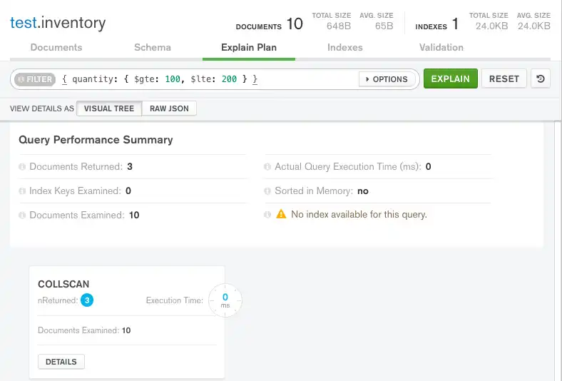 Plano de query Compass sem índice