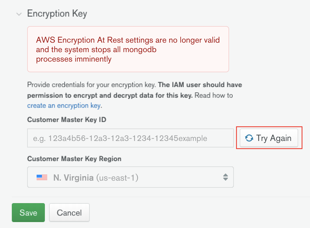 “重试”按钮位于 Atlas Advanced Security 设置中“客户主密钥 ID”字段的右侧