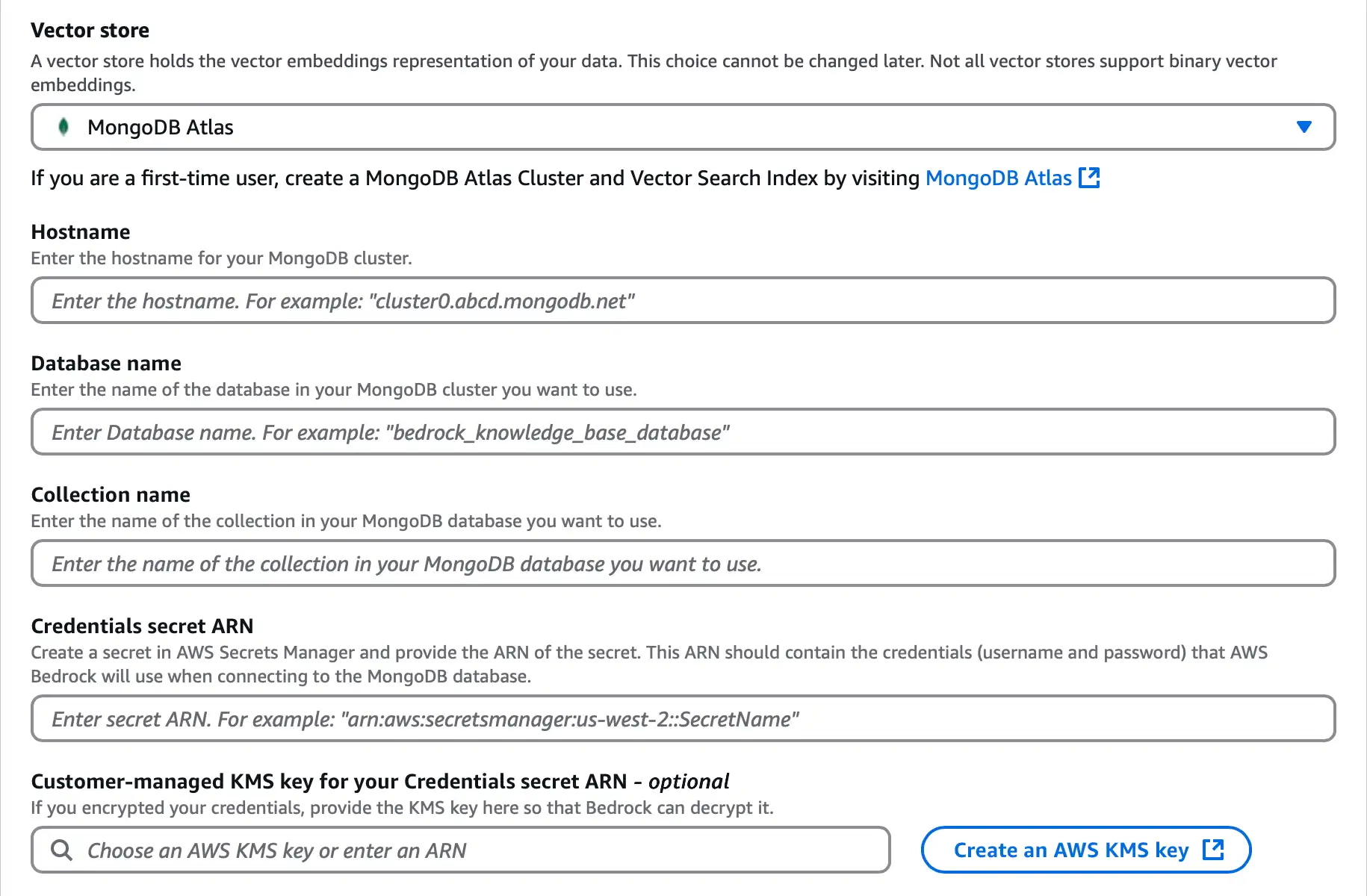 Amazon Bedrock 矢量存储配置部分的屏幕截图。