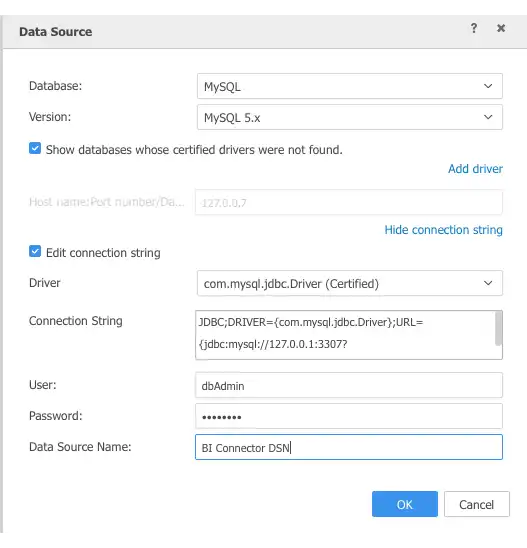 MicroStrategy DSN 弹出窗口的屏幕截图