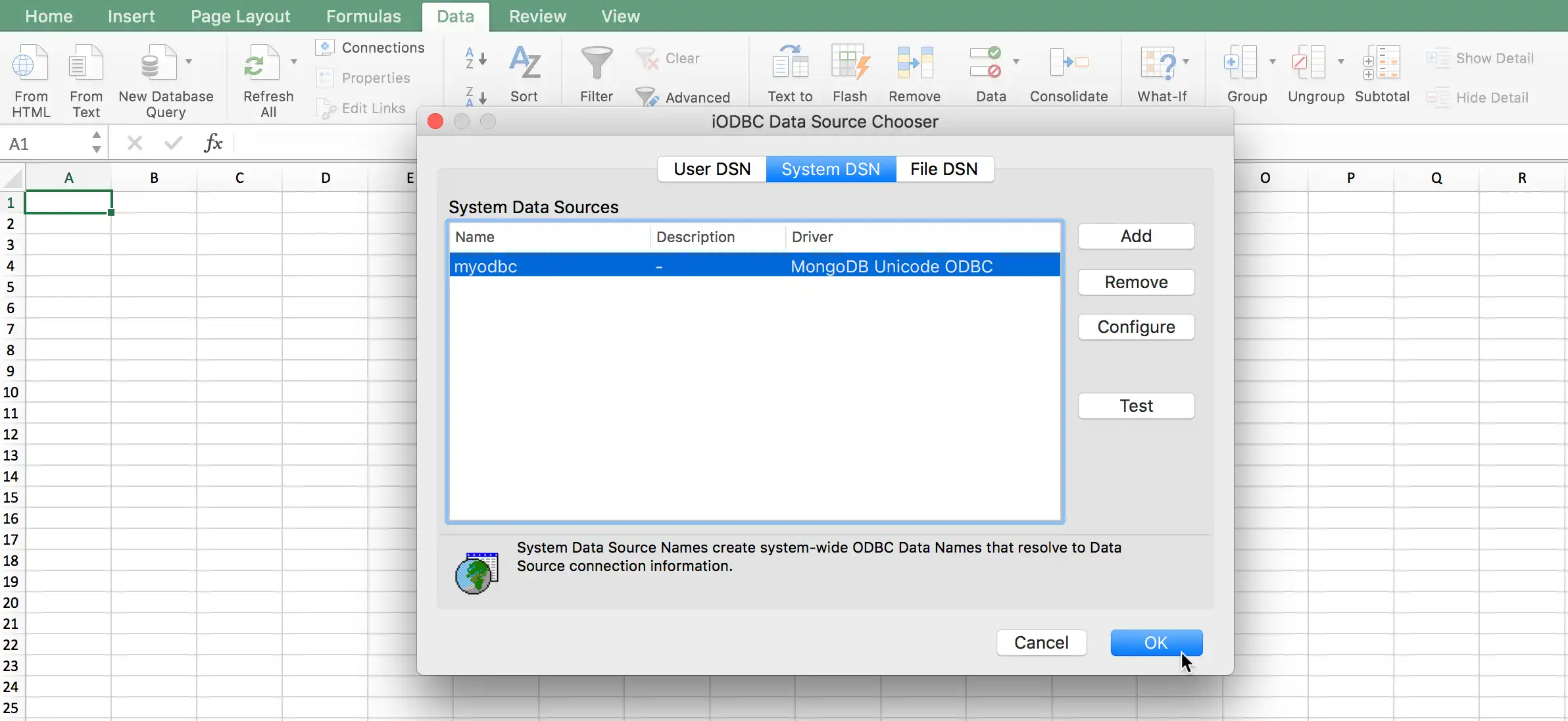 Screenshot of the DSN selection dialog