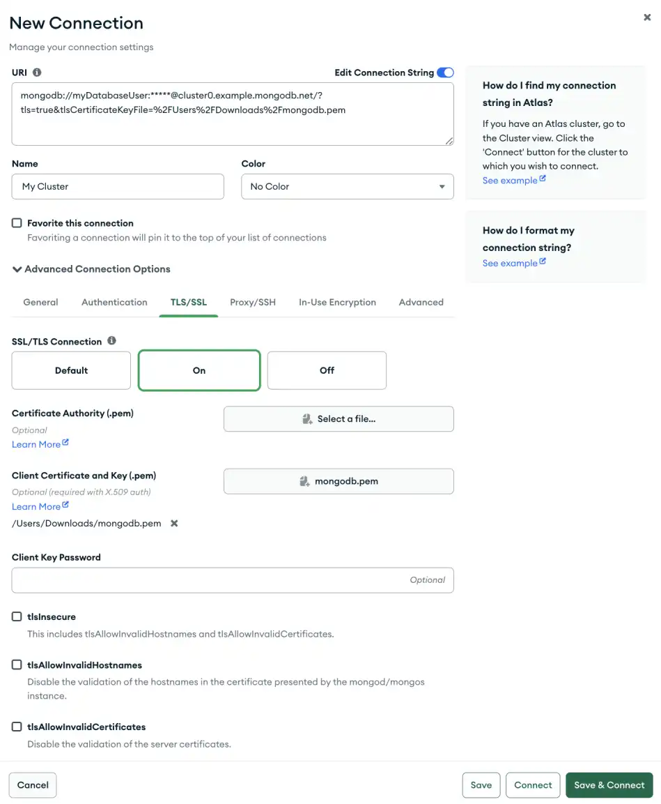 配置为使用 TLS/SSL 连接到示例集群的Compass的屏幕截图