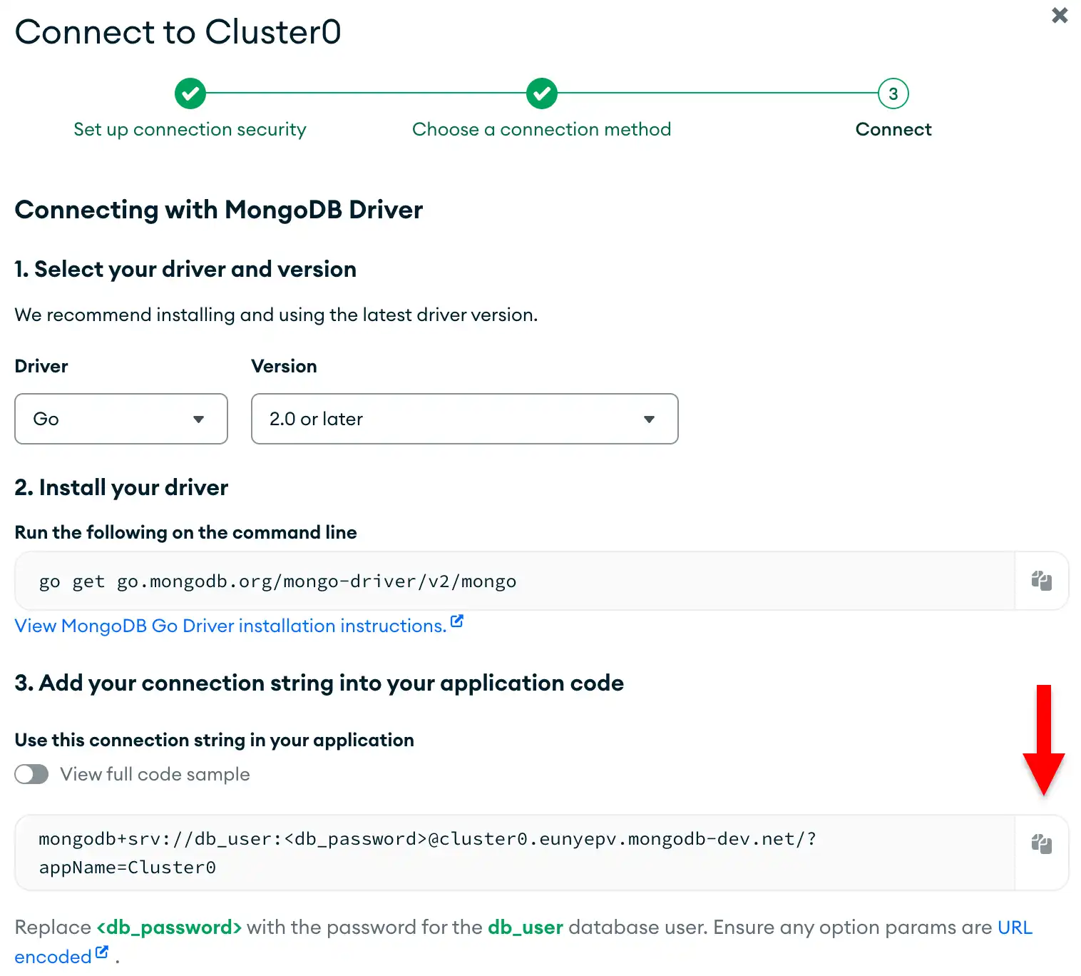 Atlas 用户界面中的连接字符串复制按钮