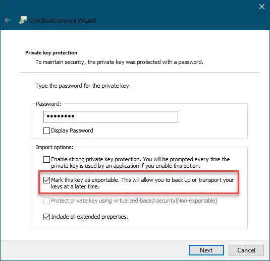 Microsoft 证书导入向导，其中键标记为可导出