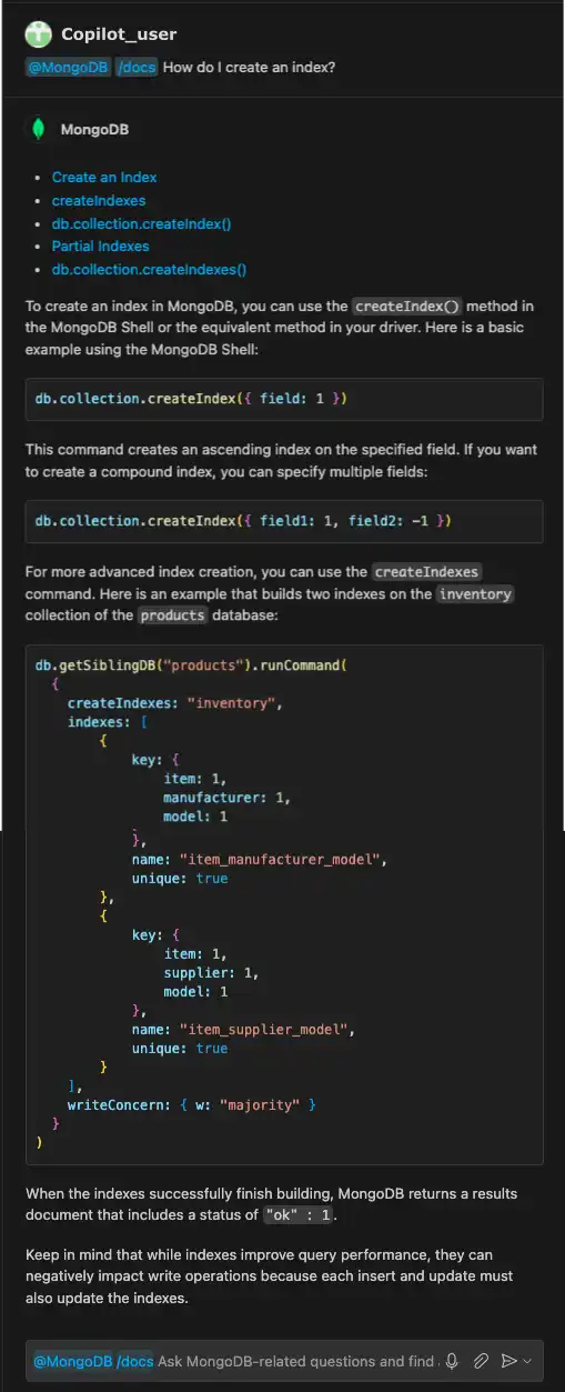 屏幕截图：copilot 提供有关创建索引的信息