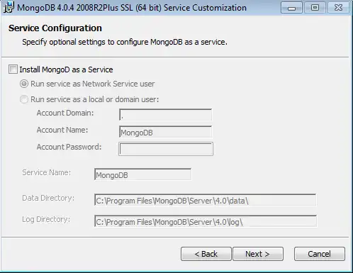 Image of the MongoDB Installer wizard. Not as a service.