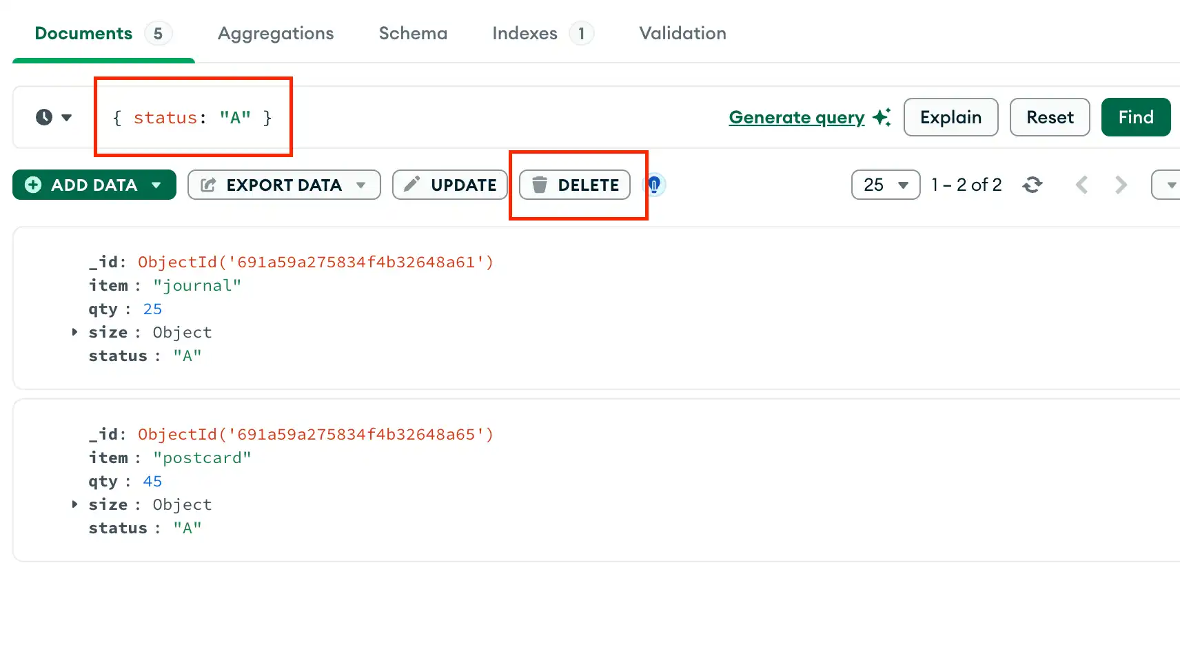 MongoDB Compass显示“文档”标签页,其中突出显示“删除”按钮,过滤器为 { status: "A" }。