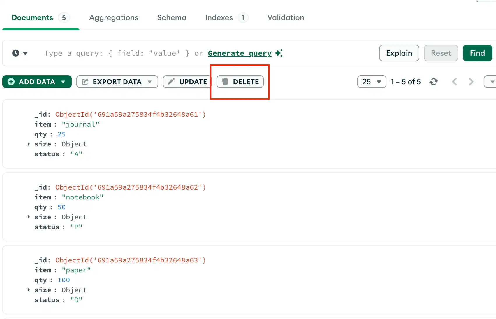 MongoDB Compass显示“文档”标签页,其中突出显示“删除”按钮。