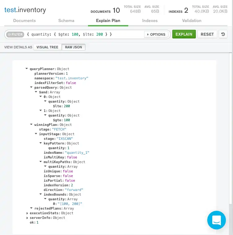 附带索引原始 JSON 的 Compass 查询计划